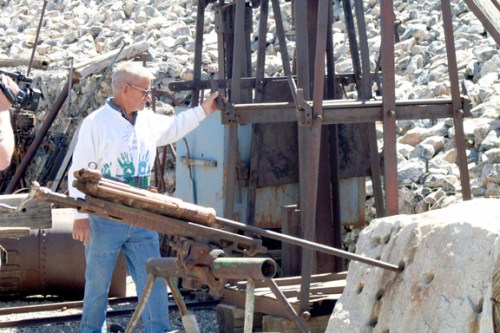 June_by_hoist_cage-s June McNulty by mine hoist cage.