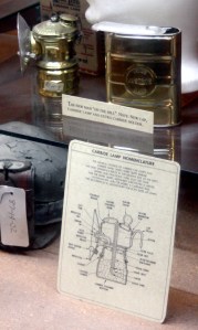 Miner's carbide lamp and cross-section diagram.