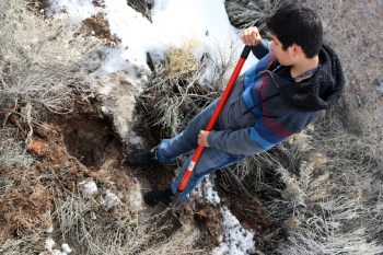 Sample under the tank foundations. Notice the layering of the soil; a layer of sand was laid down under the tanks when they were first built which is now covered with new topsoil.
