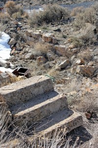 Ruined foundation of a house in Eureka. We sampled near here, since yard fill was often collected from the mine dumps.