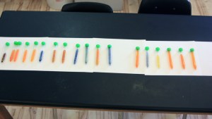 Results of rhodizonate test, with colors ranging from orange (no lead) through yellow (moderate lead) to green and blue (high lead). The test was qualitative, not quantitative.