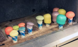 Polyurethane foam mushrooms colored with food coloring.