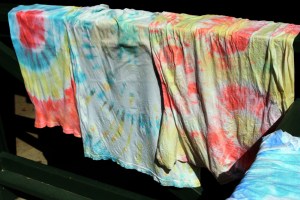 Tie-dyed shirts showing different patterns.