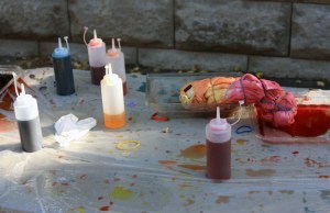 Squirt bottles full of fabric dye. We used yellow, orange, carmine, purple, blue, and cyan.