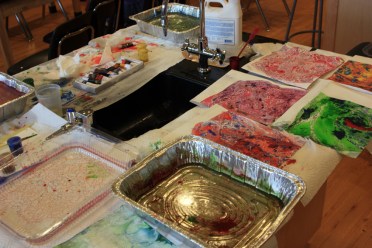 Set up to make marbled paper during my Intersession Science and Art class.