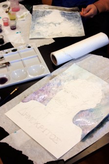 Beginning to paint the background washes using cobalt blue (which looks pink when wet) and prussian blue.