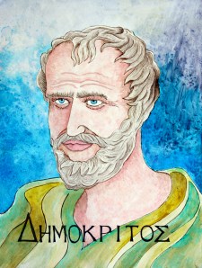 The finished Democritus with pen and ink details. It was painted entirely with homemade pigments and inks.