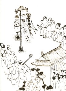 Illustration of Chinese fireworks by Richard, made with iron-gall ink