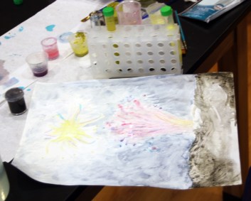 A painting of fireworks in progress.