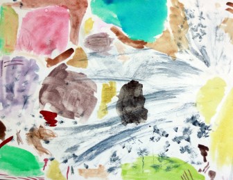 Paper of color swatches, used to try out variations and mixtures of pigments. The stabilized carmine is the deep burgundy swatches. The bright cyan is cobalt blue.