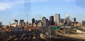 Downtown Boston in the evening, as seen from the shuttle bus.