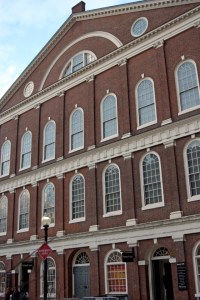 Faneuil Hall in Boston. At a meeting led by Sam Adams on Dec. 16, 1773, a group of men initiated the Boston Tea Party.