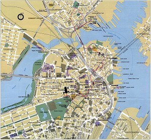 Detailed map of the Freedom Trail in Boston. At this point in my journey, I was in the Quincy Market area.