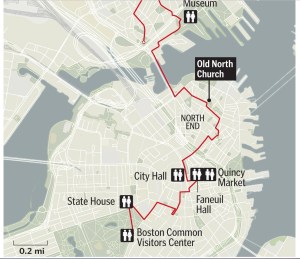 A simplified map of the Freedom Trail in Boston.