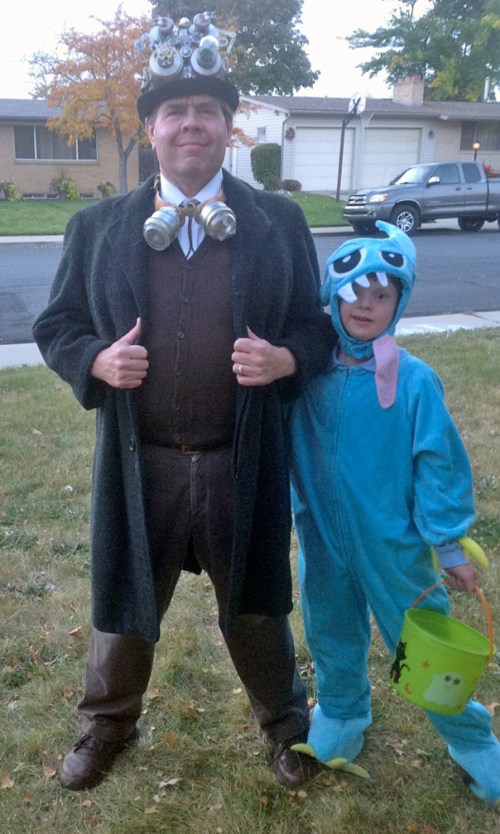My Halloween steampunk costume, plus a monster.