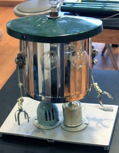 A robot created by a student from found and re-tasked objects.