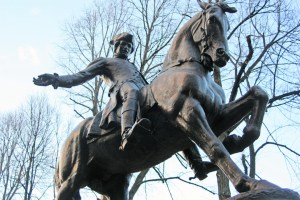 The statue of Paul Revere in near the Old North Church in Boston