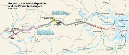 Routes taken by Revere, Dawes, and the British Regulars on April 18-19, 1775.