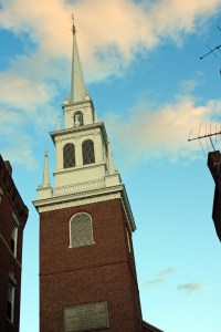 Spire of the Old North Church. as seen from the direction of Charlestown. "One if by land, two if by sea."