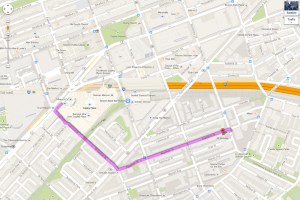 My walking route from 40 Berkeley to the shuttle bus at the Marriott Copley Place.