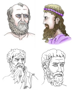 Greek philosophers: Anaximander, Anaxemines, Heraclitus, and Parmenides. Illustrations by David Black.