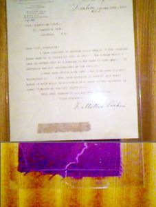 A letter from William Henry Perkin, Jr. and sample of silk cloth dyed with mauveine, the first aniline dye made from coal tar derivatives. It is a much brighter color than we usually associate with mauve today.