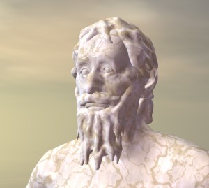 Another view of Heraclitus. I set the models into Bryce, added a marble texture and skies, and created a simple camera orbit animation so that renders could be easily created from different sides.
