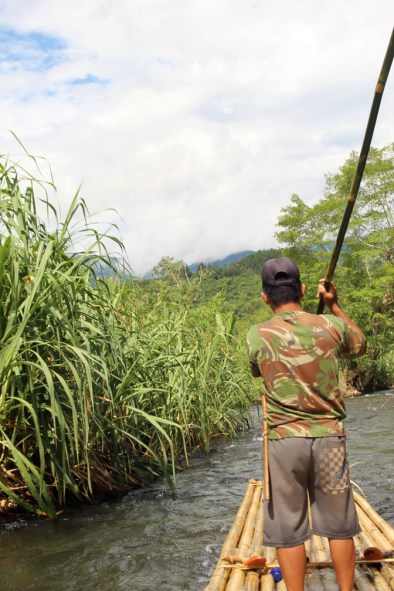 Poling raft in rain forest